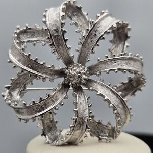 Coro Textured Ribbon Flower Brooch Elegant Vintage Designer Statement Pin